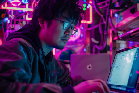 Young asian man working on laptop computer at night in neon light.の素材
