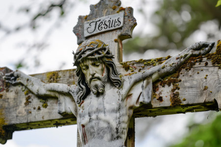 Jesus Christ on the Cross, detail of a cross in a cemeteryの素材