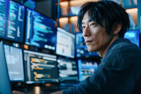 Portrait of Asian businessman working with computer at night in office.の素材