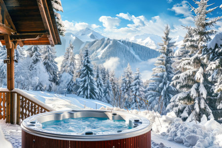 Hot tub in winter mountains. Beautiful winter landscape with snow covered trees.の素材