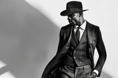 Handsome african american man in a black suit and hatの素材
