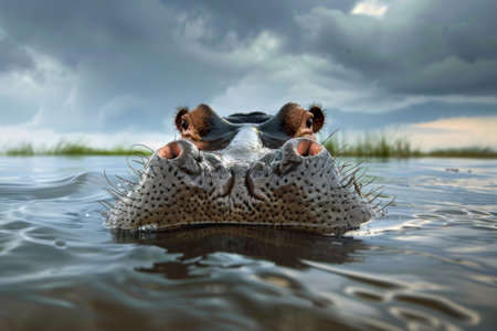 Hippopotamus in the water, closeup of head.の素材