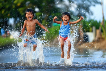Happy asian children playing in the water with splashes of water.の素材