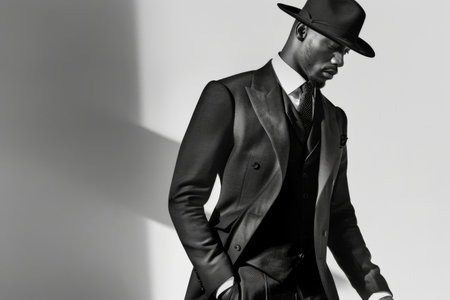 Elegant african american man in top hat and suitの素材