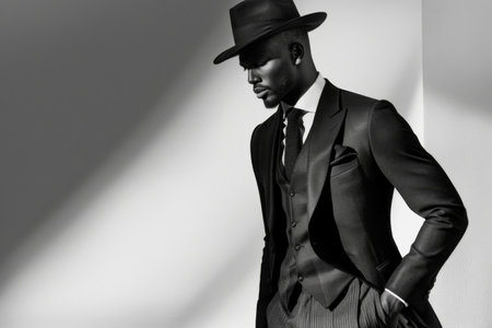Handsome african american man in black suit and hatの素材