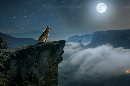 Golden jackal standing on the cliff and looking at the moon.の素材