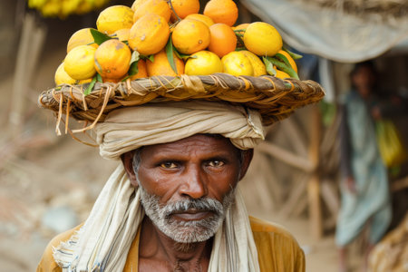 Unidentified Indian man with fruit basket on his head in Varanasi, India.の素材