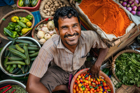 Indian man selling spices at the local market in Kolkata, Indiaの素材