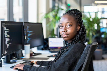 Portrait of young African American businesswoman working on computer in officeの素材
