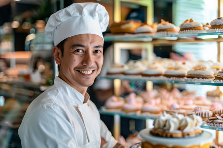 Portrait of young Asian male chef smiling at the camera in a bakeryの素材