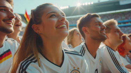 Cheerful football fans clapping and smiling while standing at stadiumの素材
