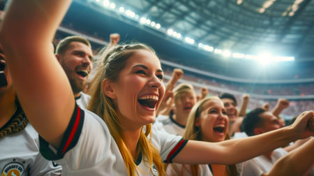 Cheering fans in the stands of the stadium. Football fans.の素材