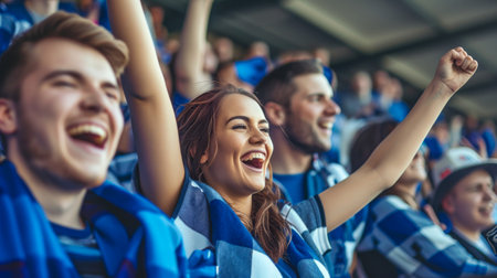 Cheerful fans cheering at football stadium and supporting their favorite teamの素材