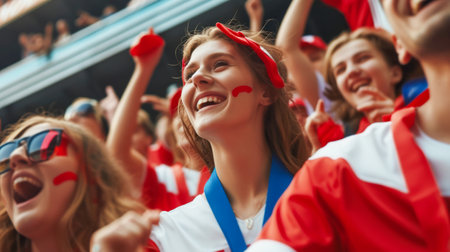 Group of happy fans on the stadium. Football or soccer fan conceptの素材