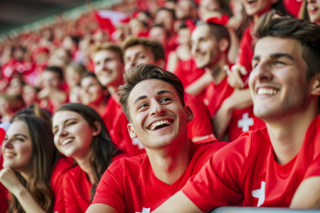 Group of happy football fans cheering and watching soccer match on the stadiumの素材