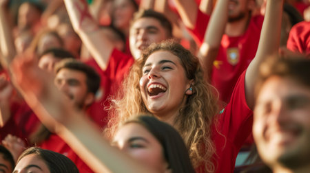 Cheering crowd at a football stadium during the match. Focus on the girlの素材