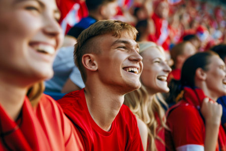 Group of supporters of Ukraine national football team cheer on during the Ukrainian Cup game against Croatia at Metalist stadium in Kharkiv, Ukraineの素材