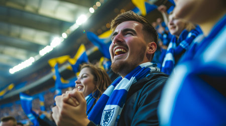 Group of supporters of Ukraine national football team during the UEFA Champions League game between Ukraine and England at Metalist Stadiumの素材