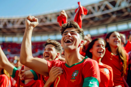 Group of supporters of Ukraine national football team cheer on the stands of the stadium during the match Ukraine vs Portugalの素材