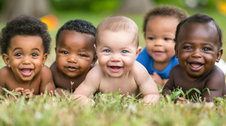 Group of happy African American kids lying on grass in parkの素材