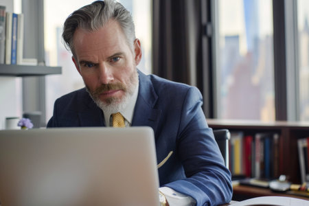 Portrait of serious mature businessman sitting at desk in office and using laptopの素材