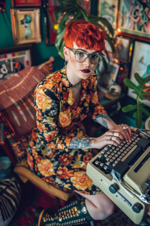 Portrait of a beautiful red-haired woman with a typewriterの素材
