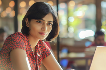 Portrait of young businesswoman using laptop computer in coffee shop.の素材