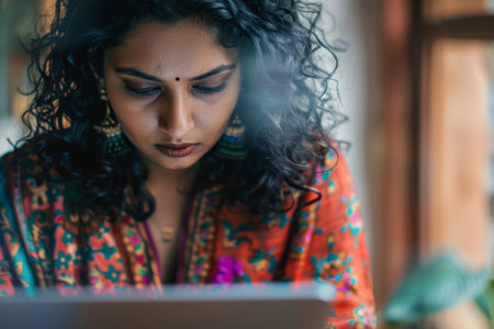 Beautiful latin woman using a digital tablet in a coffee shopの素材