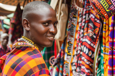 Unidentified Togolese man in colored shirt at the Lome central market. Togo people suffer from poverty due to the bad economyの素材