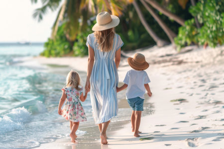 Back view of mother and her adorable little daughters walking on tropical beachの素材