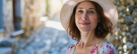Portrait of a beautiful middle-aged woman in a hat.の素材