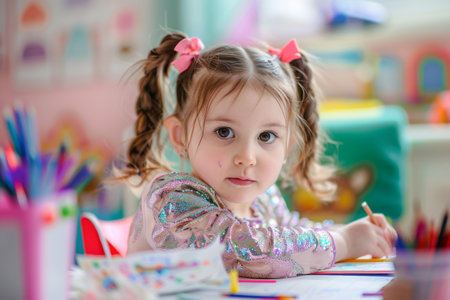 Cute little girl drawing with colorful pencils at home, indoorsの素材