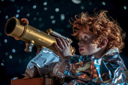 Little red-haired boy looks through a telescope in the night skyの素材