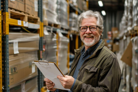 Portrait of mature Caucasian male warehouse worker holding clipboard in warehouse. This is a freight transportation and distribution warehouse.の素材