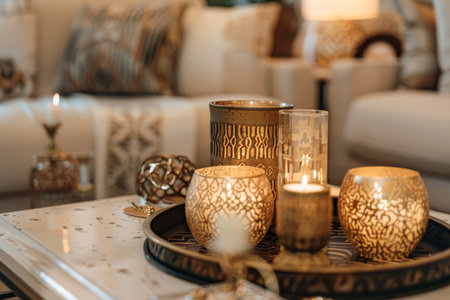 Burning candles on table in living room. Luxury interior designの素材