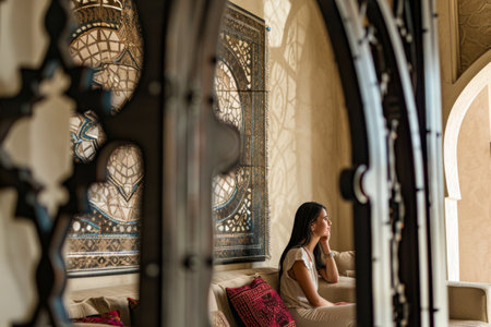 Beautiful young Asian Muslim woman praying inside the mosque.の素材