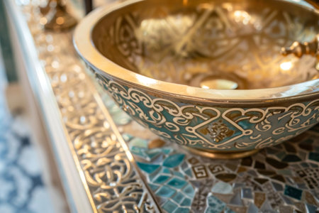 Close up of golden bowl in morocco style, selective focusの素材