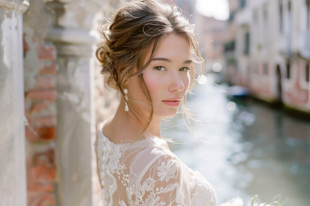 Portrait of a beautiful girl in a wedding dress on the background of a canalの素材