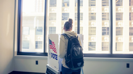 Rear view of a young woman standing in front of a window and holding a sign with the word USA.の素材