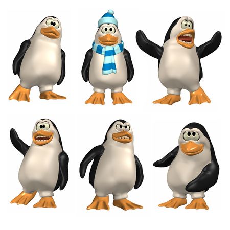 3D Renders of cartoon penguin. Six different poses.の写真素材