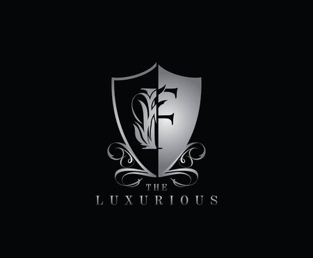 Luxury Guard F Letter Logo Icon. Silver F With Classy Shield Shape design perfect for fashion, Jewelry, Beauty Salon, Cosmetics, Spa, Hotel and Restaurant Logo.のイラスト素材