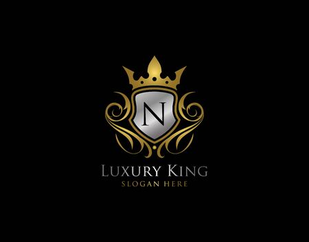 Luxury Shield N Letter Gold Logo, Golden N Classic Protection Symbolのイラスト素材