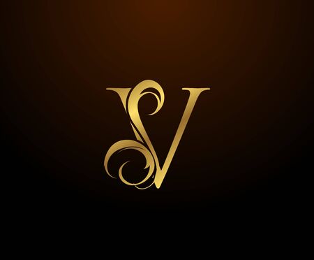 Graceful Initial V Gold Letter logo. Vintage drawn emblem for book design, weeding card, brand name, business card, Restaurant, Boutique, Hotel.のイラスト素材