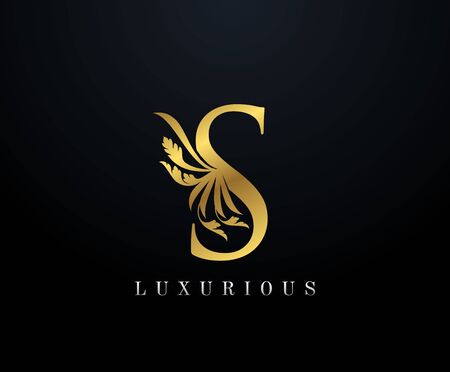 Gold Luxury letter S Floral logo. Vintage drawn emblem for book design, weeding card, brand name, business card, Restaurant, Boutique, Hotel. のイラスト素材