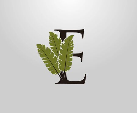 E Letter With Green Banana Leaf, Tropical Alphabet Sign Design Concept.のイラスト素材