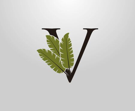 V Letter With Green Banana Leaf, Tropical Alphabet Sign Design Concept.のイラスト素材