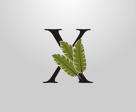 X Letter With Green Banana Leaf, Tropical Alphabet Sign Design Concept.のイラスト素材