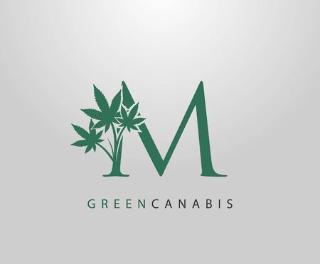 Letter M Green Canabis Logo, Initial M With Medical Marijuana Leaf Design.のイラスト素材