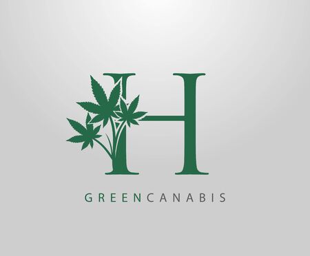 Letter H Green Canabis Logo, Initial H With Medical Marijuana Leaf Design.のイラスト素材
