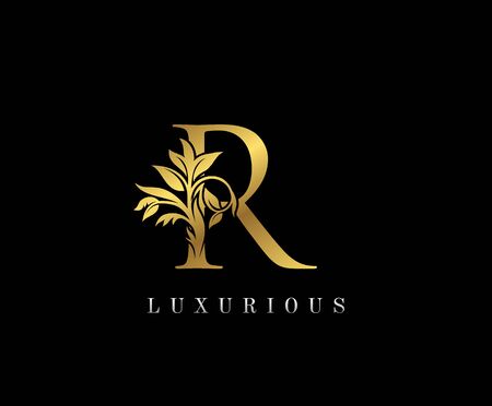 Classy Golden R Letter Floral logo. Vintage drawn emblem for book design, weeding card, label, business card, Restaurant, Boutique, Hotel.のイラスト素材